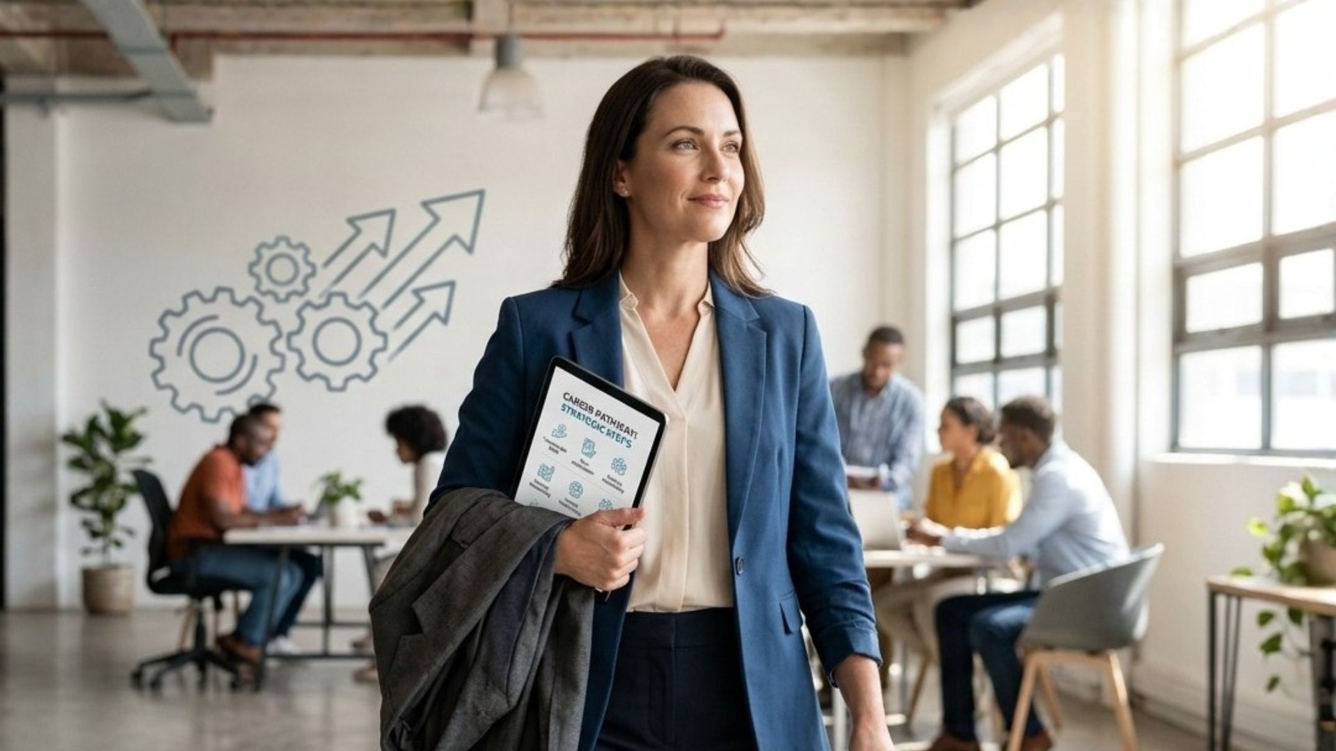 Donna professionista che esce da un ufficio moderno portando con sé le proprie cose; ha un'espressione serena e fiduciosa mentre guarda lontano verso il futuro.