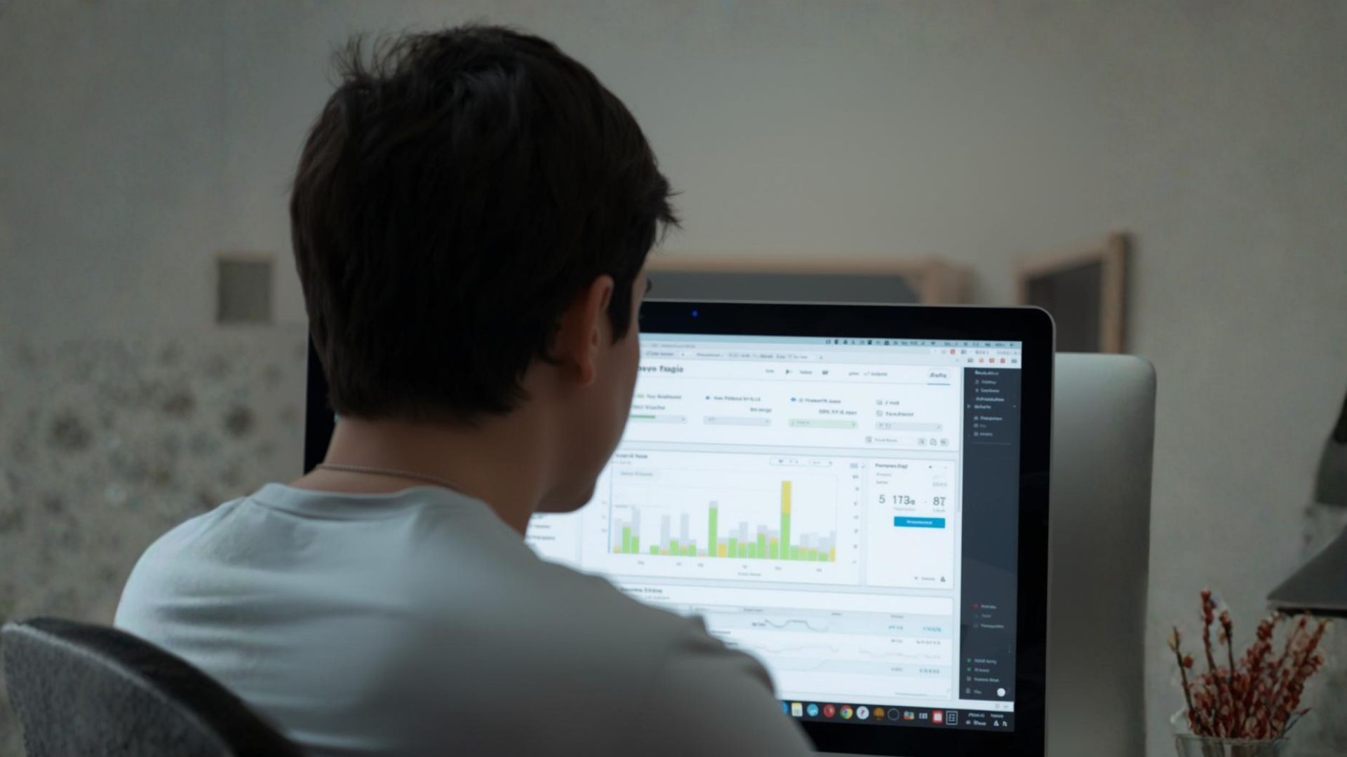 Inquadratura da dietro le spalle di un giovane intento a studiare un report su un monitor di un computer.