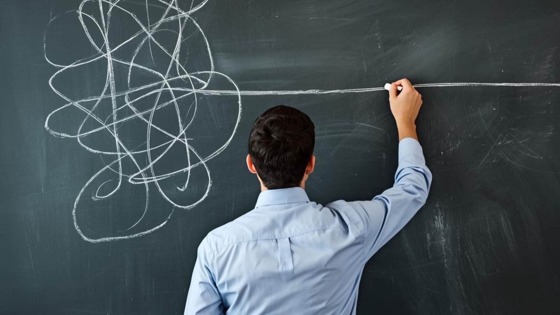 Uomo in camicia visto di spalle mentre traccia con il gesso una linea bianca retta e decisa su una lavagna, facendola emergere da un ammasso confuso di linee e scarabocchi.