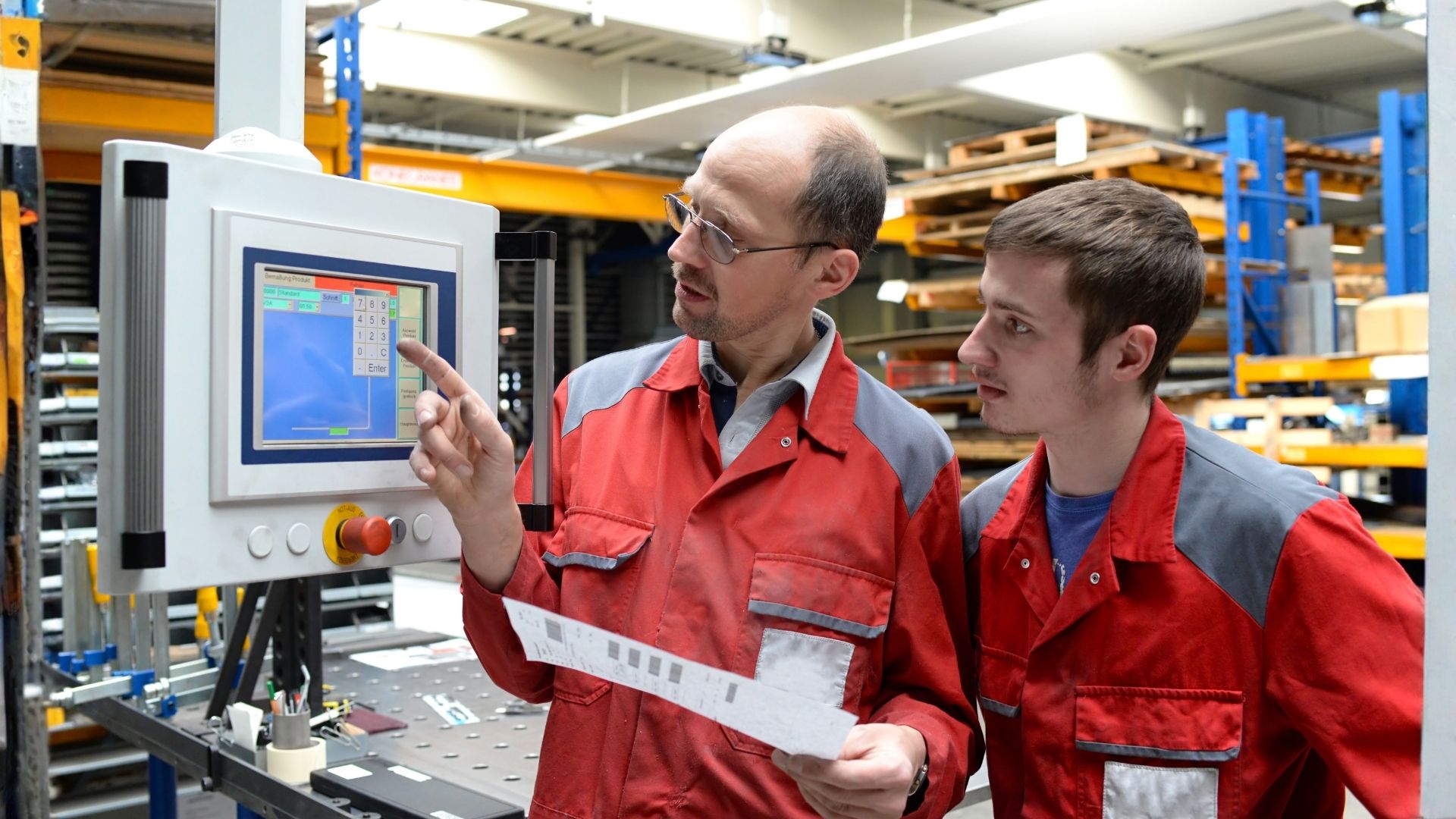 Lavoratore adulto che insegna a usare una macchina a un collega più giovane in ambiente industriale