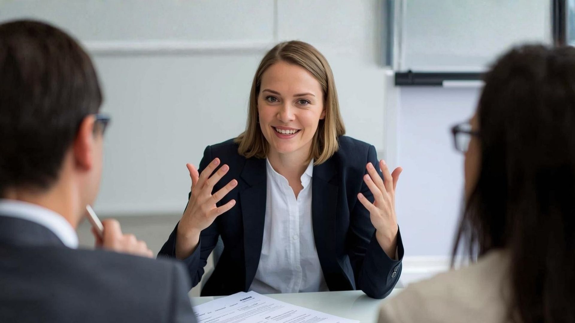 Primo piano di una giovane donna che gesticola con enfasi per spiegare un concetto a due interlocutori, di cui si intravedono solo le teste in primo piano.