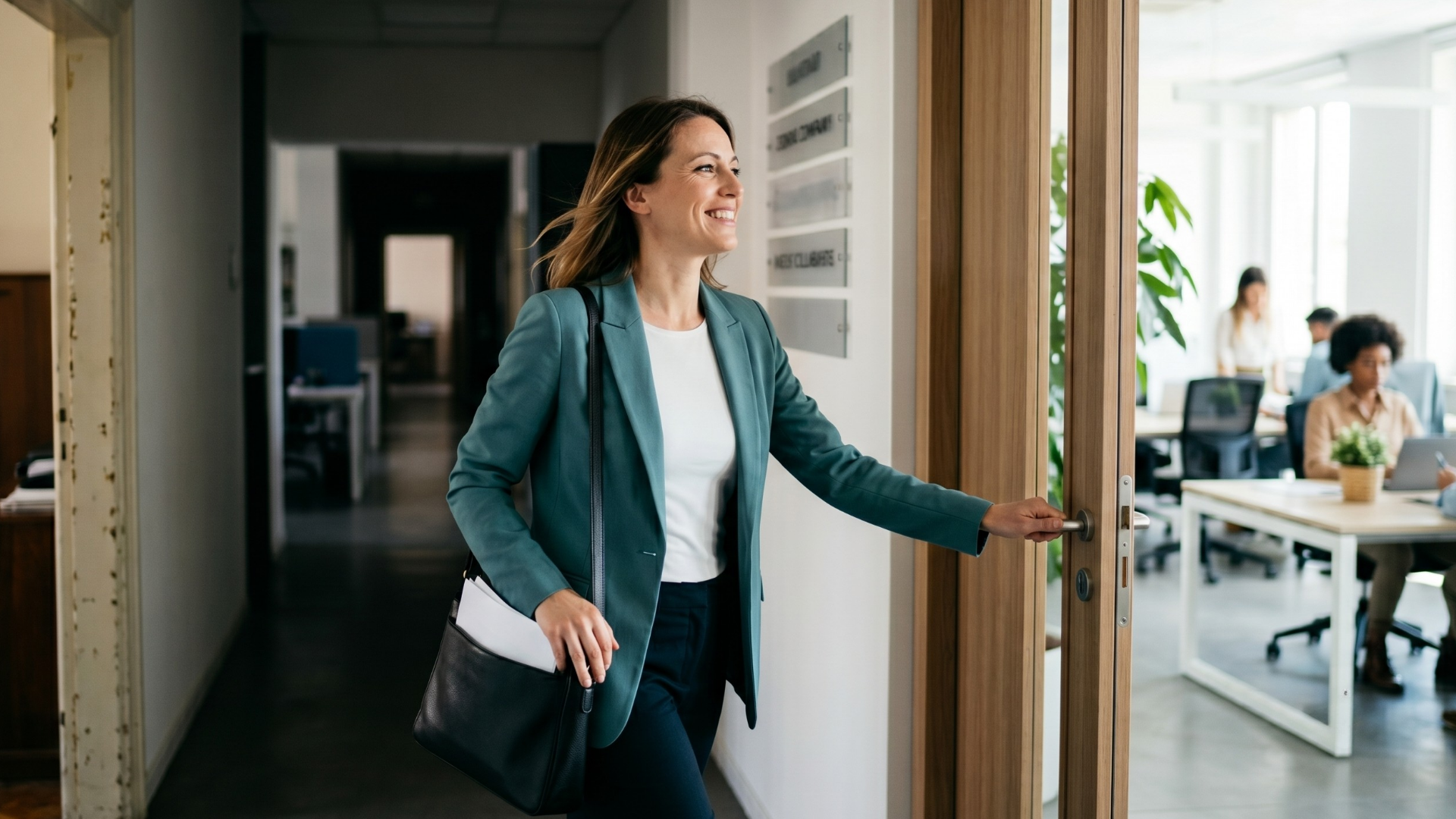 agilità-professionale Donna che entra in un nuovo ufficio a rappresentare il concetto di agilità professionale